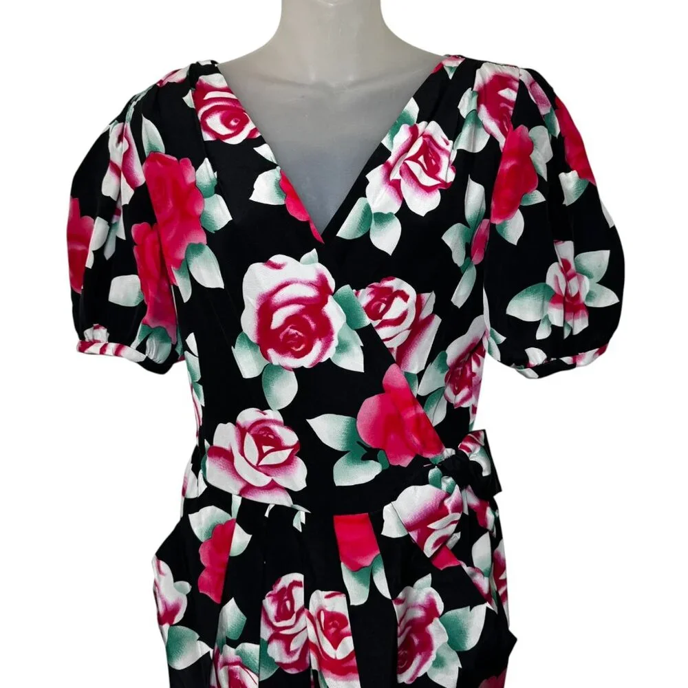 Vintage Nipon Boutique Silk Dress 8 Black Airbrushed‎ Roses Side Bow Wrap Look